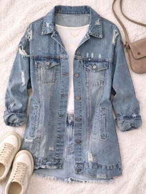 Long Distressed Denim Jacket Oversized Small